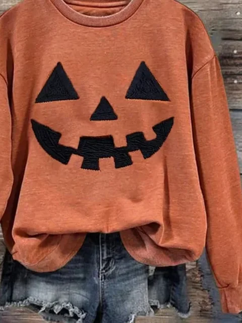 Women Halloween Pumpkin Print Crew Neck Casual Spring/Fall Long Sleeve Sweatshirt