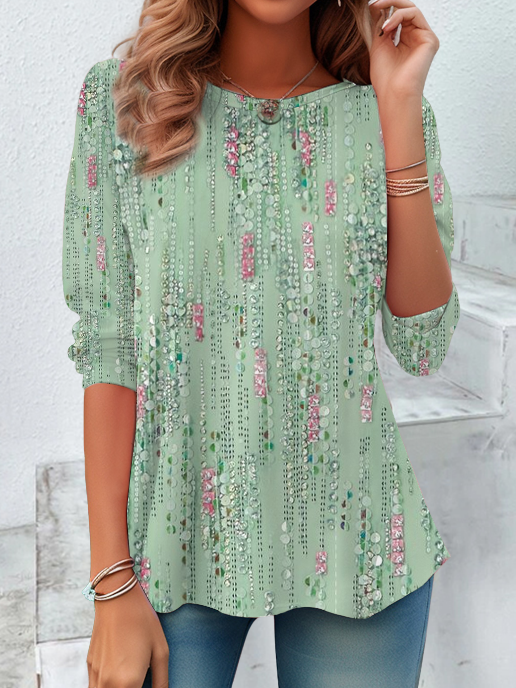 Women Abstract Long Sleeve Tee T-shirt Crew Neck Printing Casual Spring/Fall Tunic Top