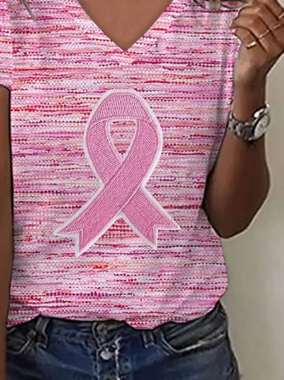Women Pink Ribbon Print Short Sleeve Tee T-shirt V Neck Casual Summer Graphic Tee Top