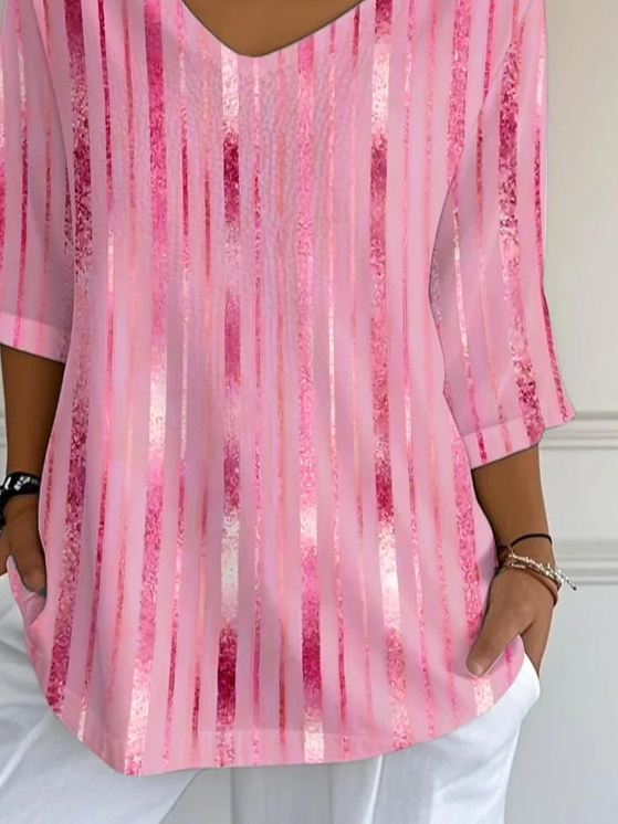 Women Abstract Three Quarter Sleeve Tee T-shirt V Neck Printing Casual Spring/Fall Graphic Tee Top
