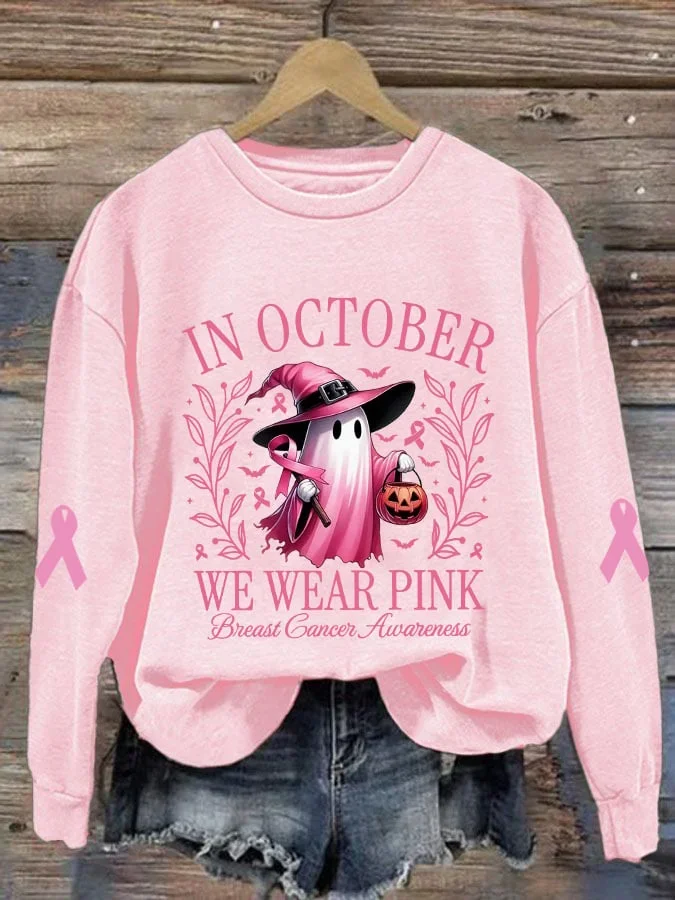 Women Halloween Spooky Text Letter We Are Pink Ribbon Print Crew Neck Spring/Fall Long Sleeve Sweatshirt