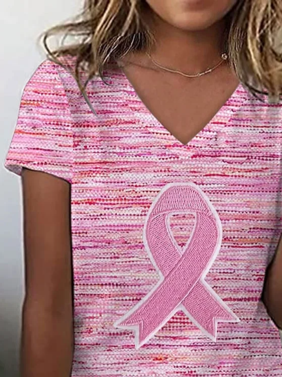 Women Pink Ribbon Print Short Sleeve Tee T-shirt V Neck Casual Summer Graphic Tee Top