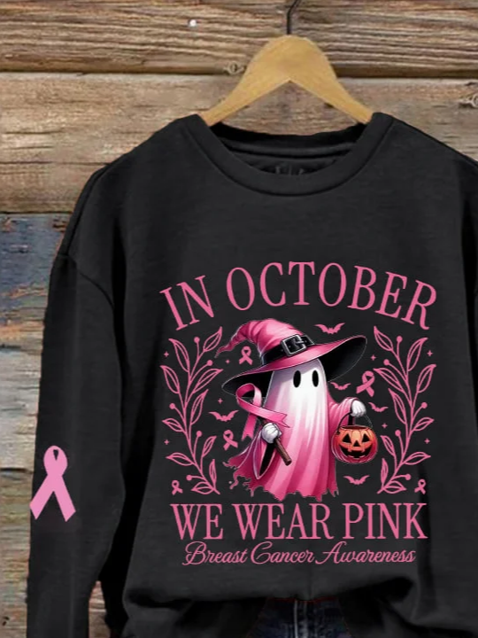 Women Halloween Spooky Text Letter We Are Pink Ribbon Print Crew Neck Spring/Fall Long Sleeve Sweatshirt