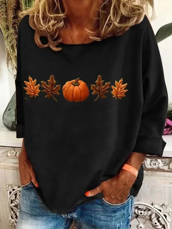 Women Halloween Maple Leaf Long Sleeve Tee T-shirt Crew Neck Printing Casual Spring/Fall Graphic Tee Top