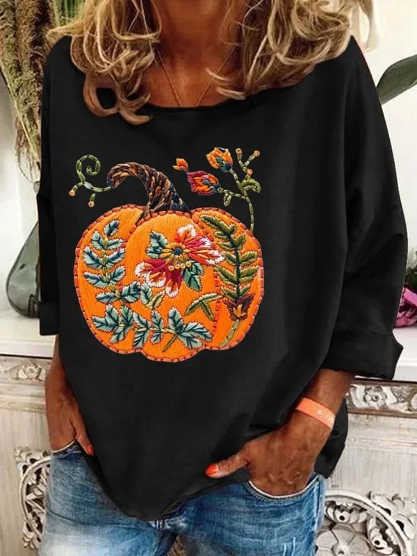 Women Halloween Floral Long Sleeve Tee T-shirt Crew Neck Printing Casual Spring/Fall Graphic Tee Top