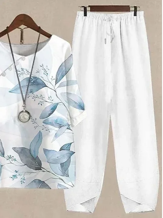Women Floral Printing Two-Piece Set Daily Half Sleeve Casual Summer Top With Pants Matching Set