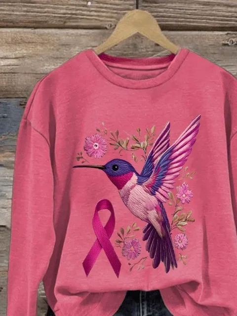 Women Pink Ribbon Floral Crew Neck Printing Casual Spring/Fall Long Sleeve Sweatshirt