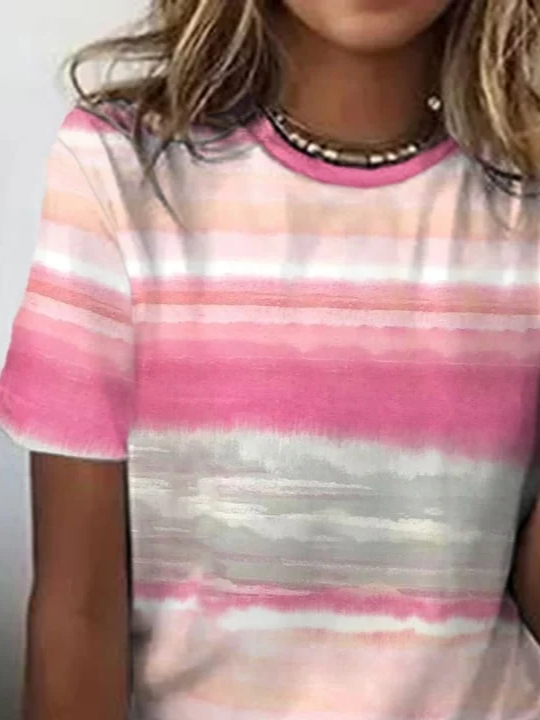 Women Abstract Stripes Short Sleeve Tee T-shirt Crew Neck Printing Casual Summer Graphic Tee Top