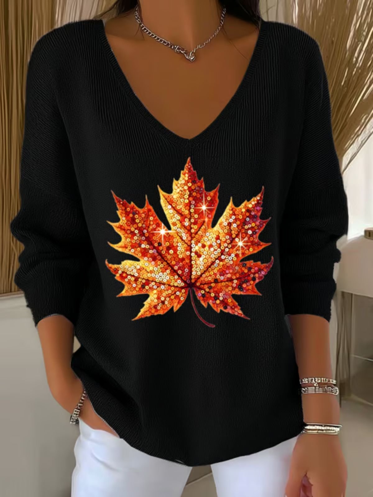 Women Maple Leaf Spring/Fall Casual Long Sleeve V Neck Cotton Sweater