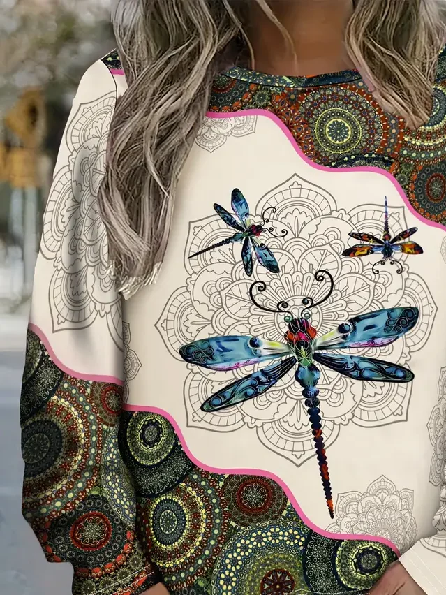 Women Dragonfly Crew Neck Printing Casual Spring/Fall Long Sleeve Sweatshirt