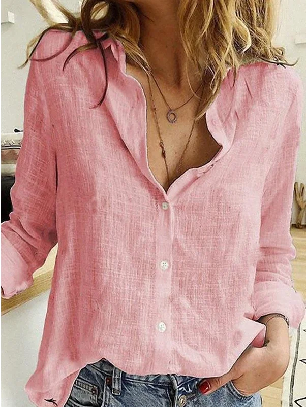 Women Plain Long Sleeve Shirt Spring/Fall Buckle Shirt Collar Daily Casual Top