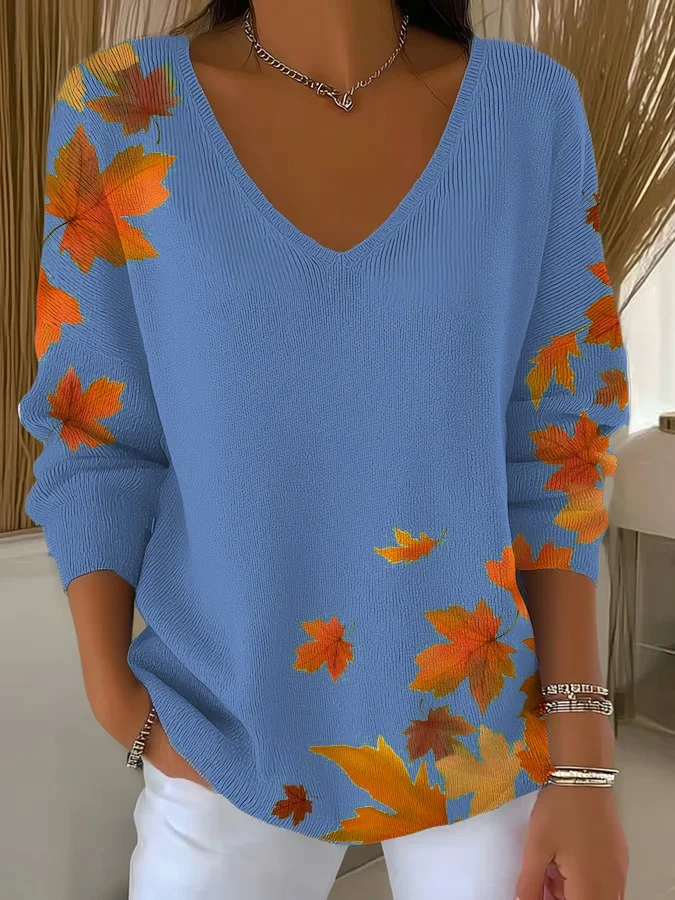 Women Maple Leaf Three Quarter Sleeve Tee T-shirt V Neck Vintage Spring/Fall Top