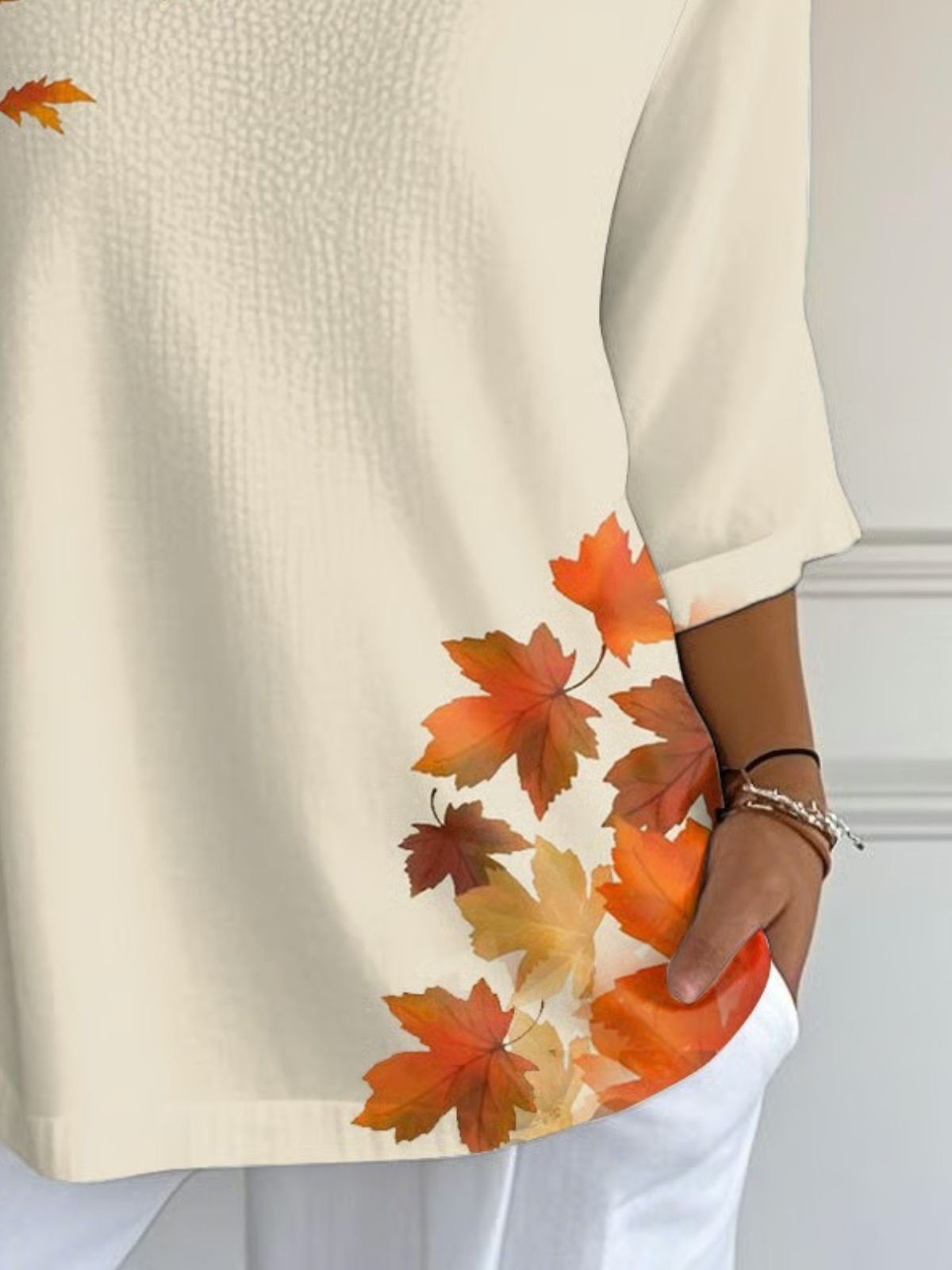 Women Maple Leaf Three Quarter Sleeve Tee T-shirt Crew Neck Vintage Spring/Fall Top