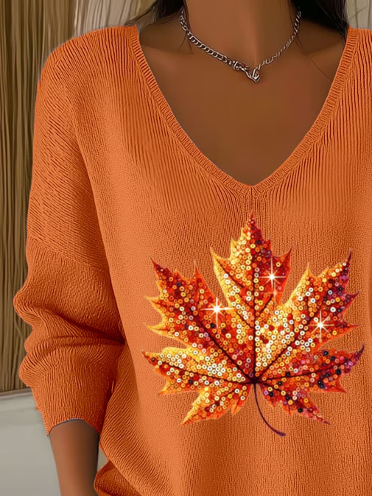 Women Maple Leaf Spring/Fall Casual Long Sleeve V Neck Cotton Sweater