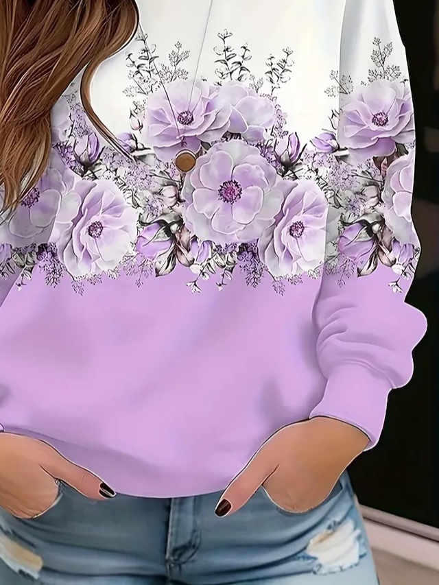 Women Floral Crew Neck Printing Casual Spring/Fall Long Sleeve Sweatshirt