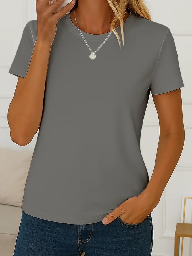 Women Plain Short Sleeve Tee T-shirt Crew Neck Printing Casual Summer Top