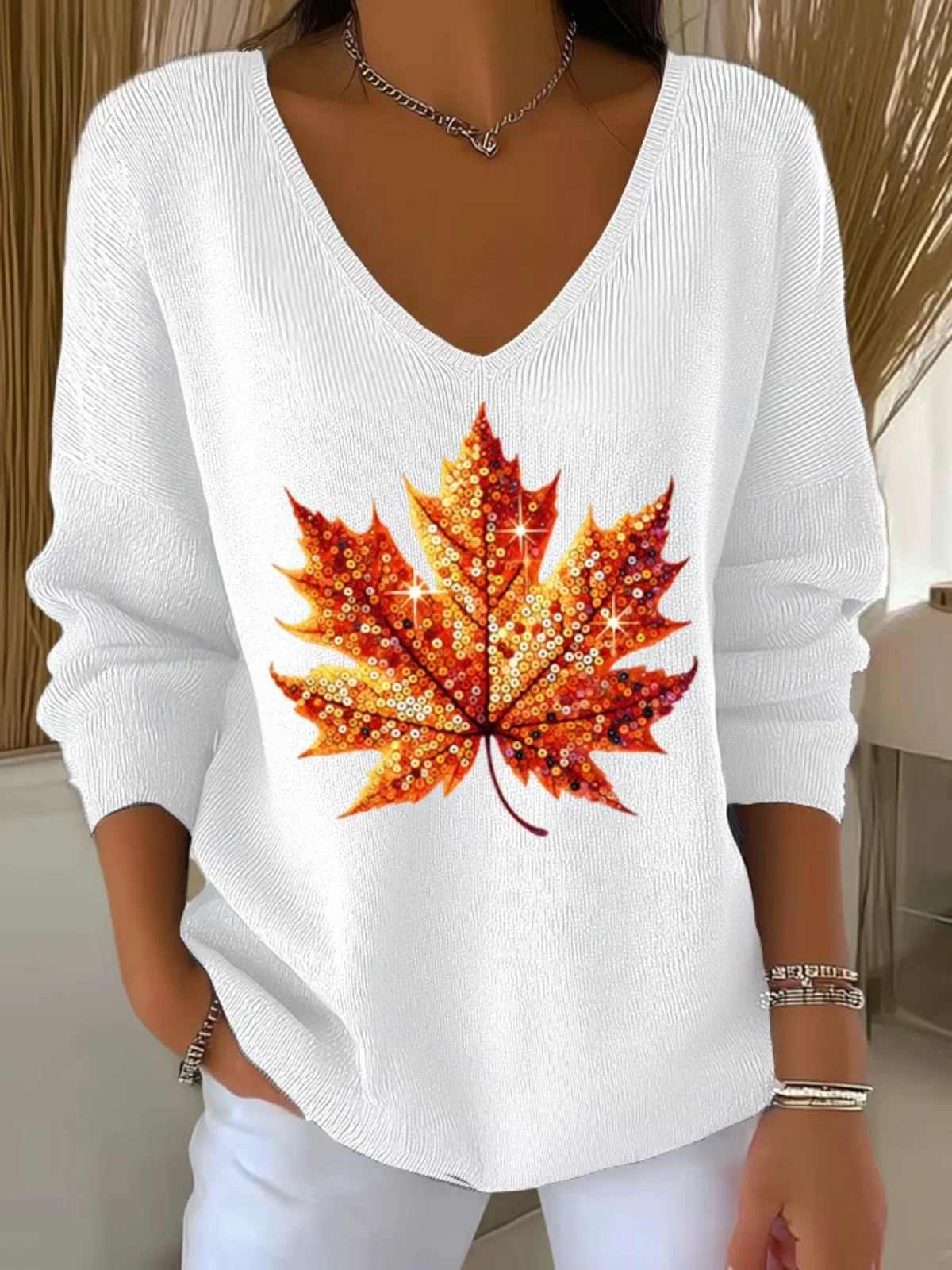 Women Maple Leaf Spring/Fall Casual Long Sleeve V Neck Cotton Sweater