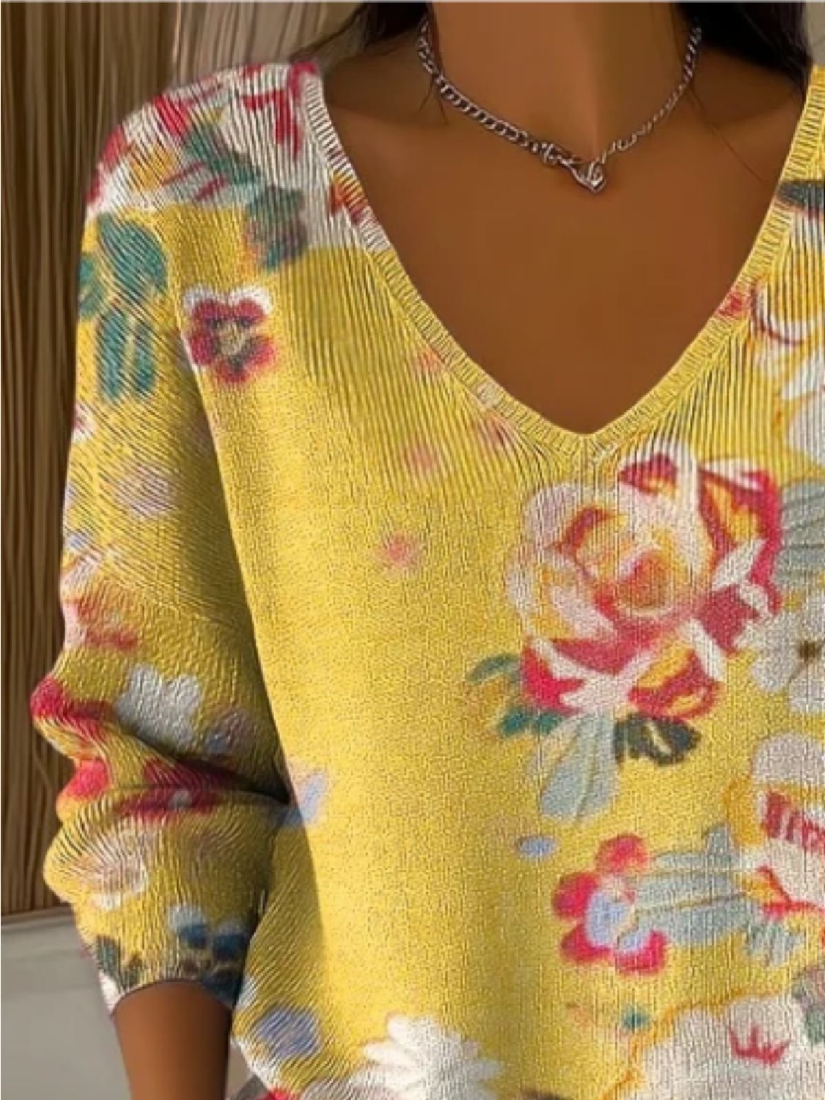 Women Floral Spring/Fall Casual Long Sleeve V Neck Cotton Sweater
