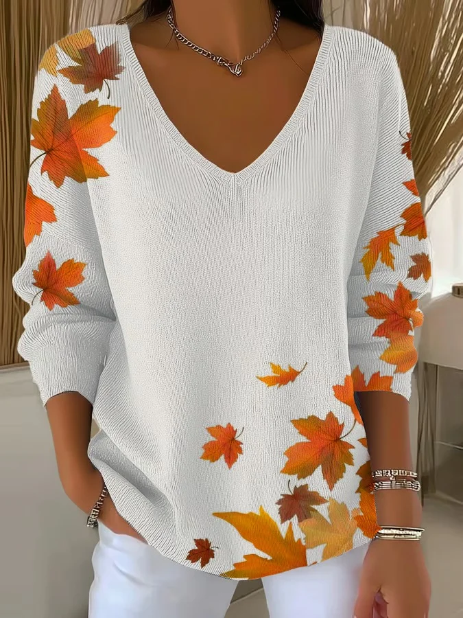 Women Maple Leaf Three Quarter Sleeve Tee T-shirt V Neck Vintage Spring/Fall Top