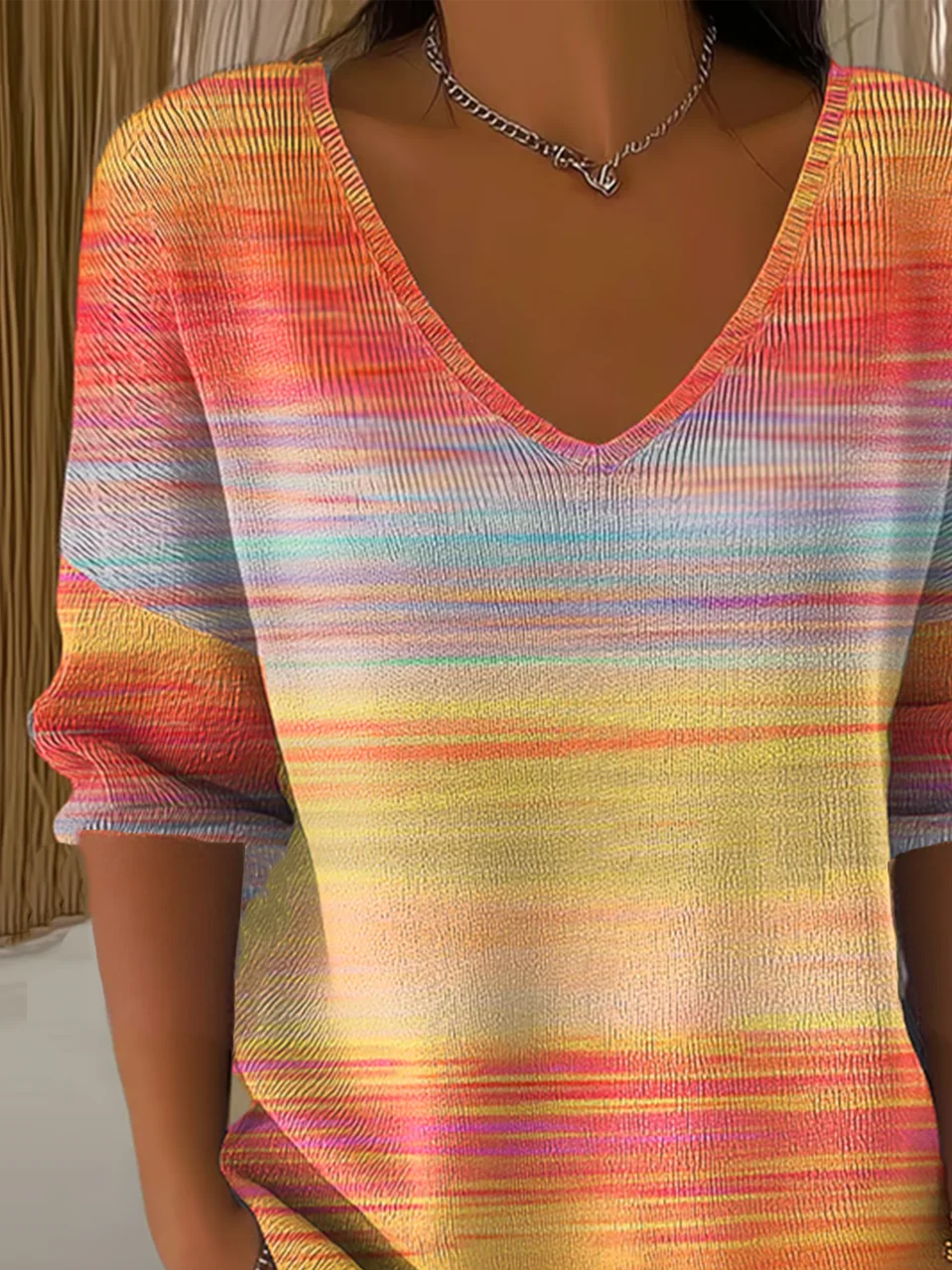 Women Striped Three Quarter Sleeve Tee T-shirt V Neck Vintage Spring/Fall Top