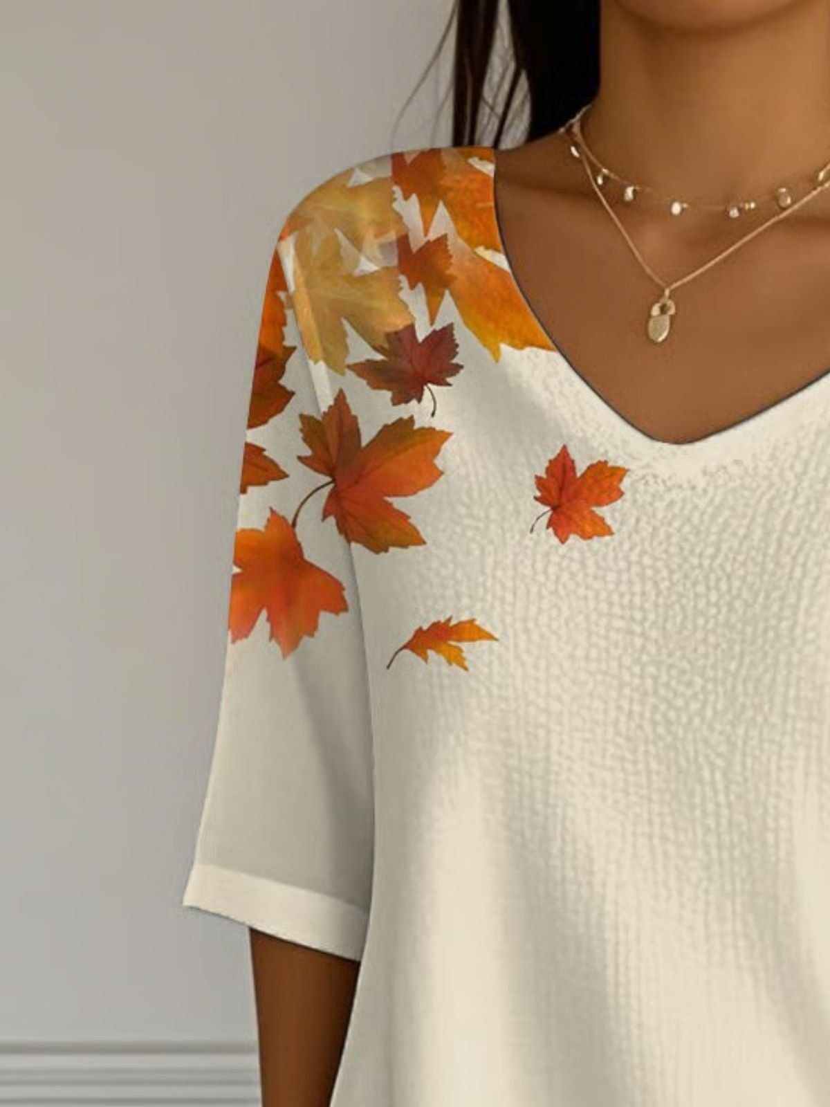 Women Maple Leaf Three Quarter Sleeve Tee T-shirt Crew Neck Vintage Spring/Fall Top