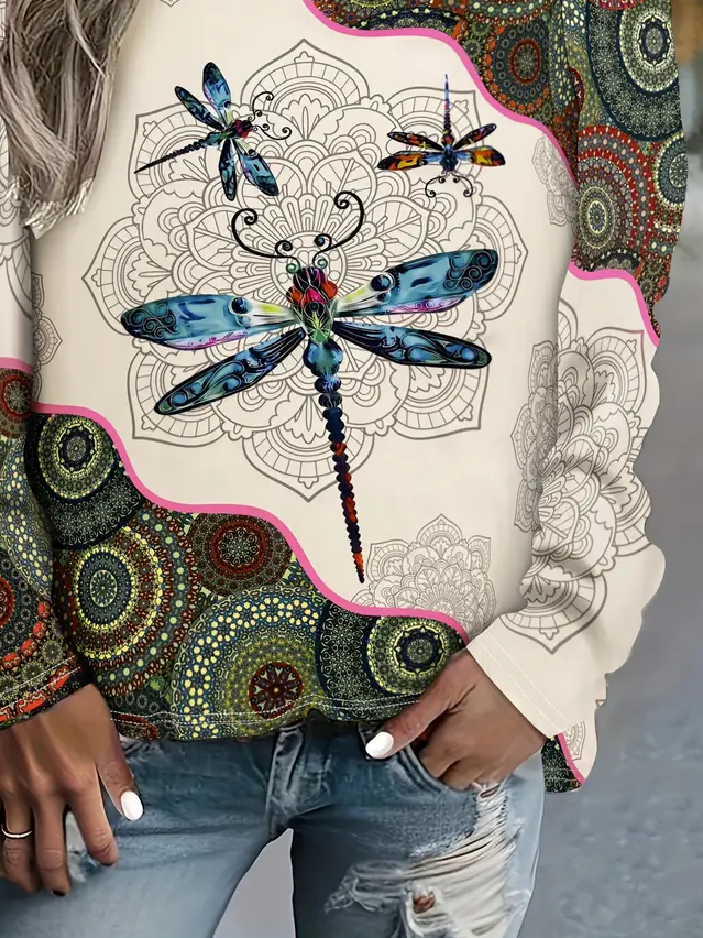 Women Dragonfly Crew Neck Printing Casual Spring/Fall Long Sleeve Sweatshirt