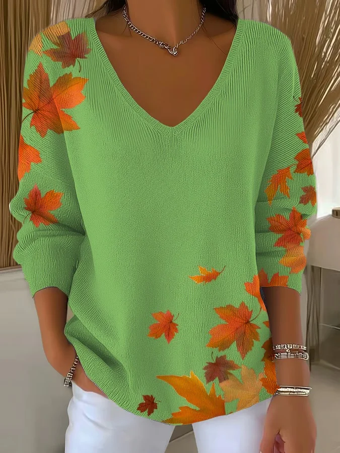 Women Maple Leaf Three Quarter Sleeve Tee T-shirt V Neck Vintage Spring/Fall Top