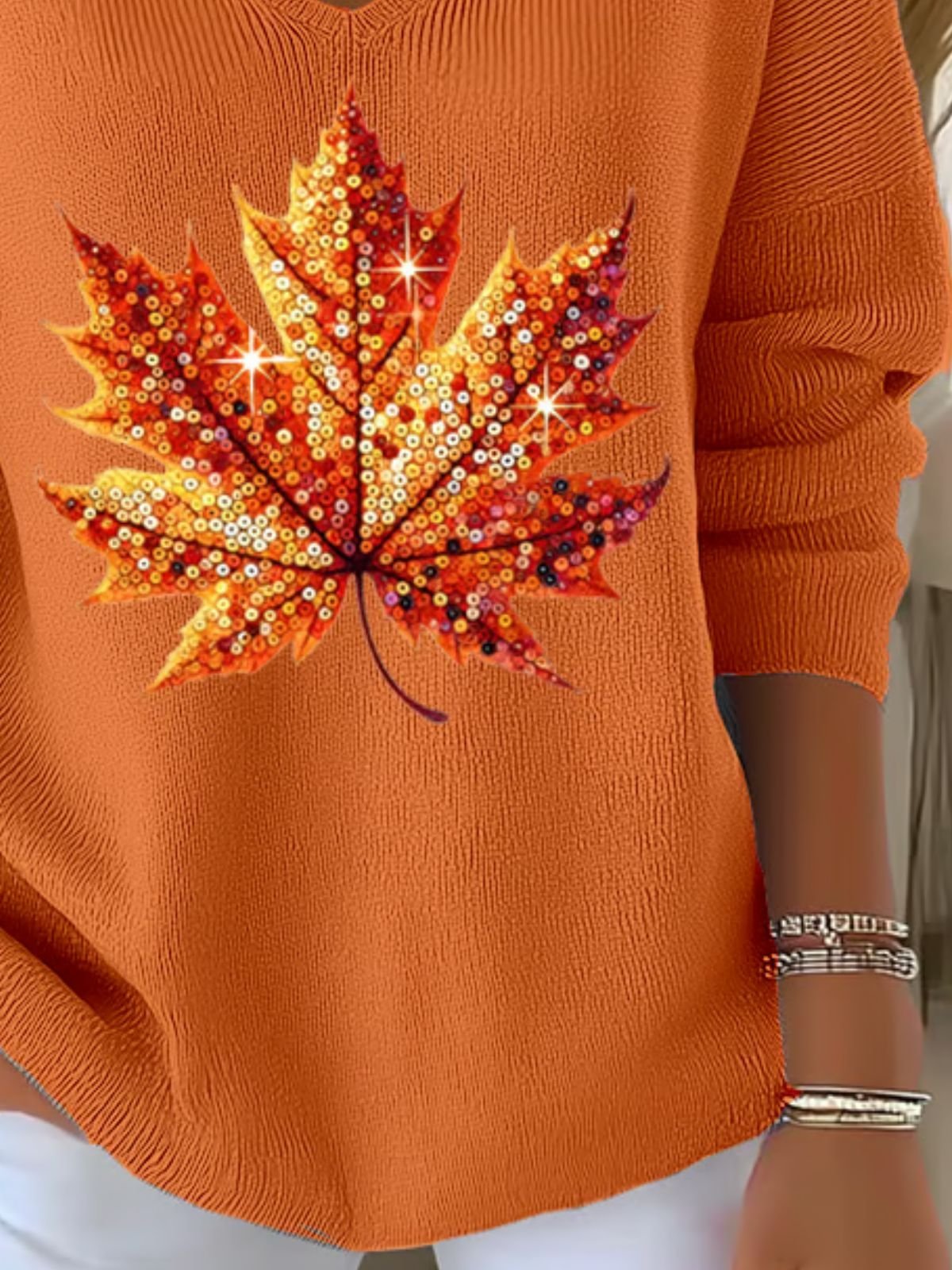 Women Maple Leaf Spring/Fall Casual Long Sleeve V Neck Cotton Sweater