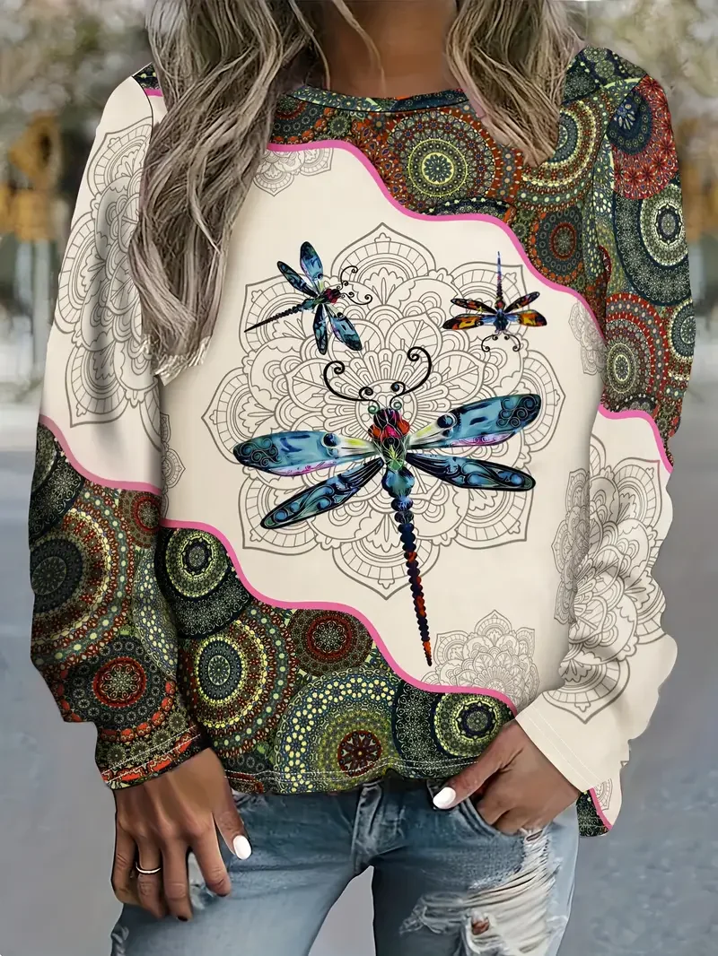 Women Dragonfly Crew Neck Printing Casual Spring/Fall Long Sleeve Sweatshirt