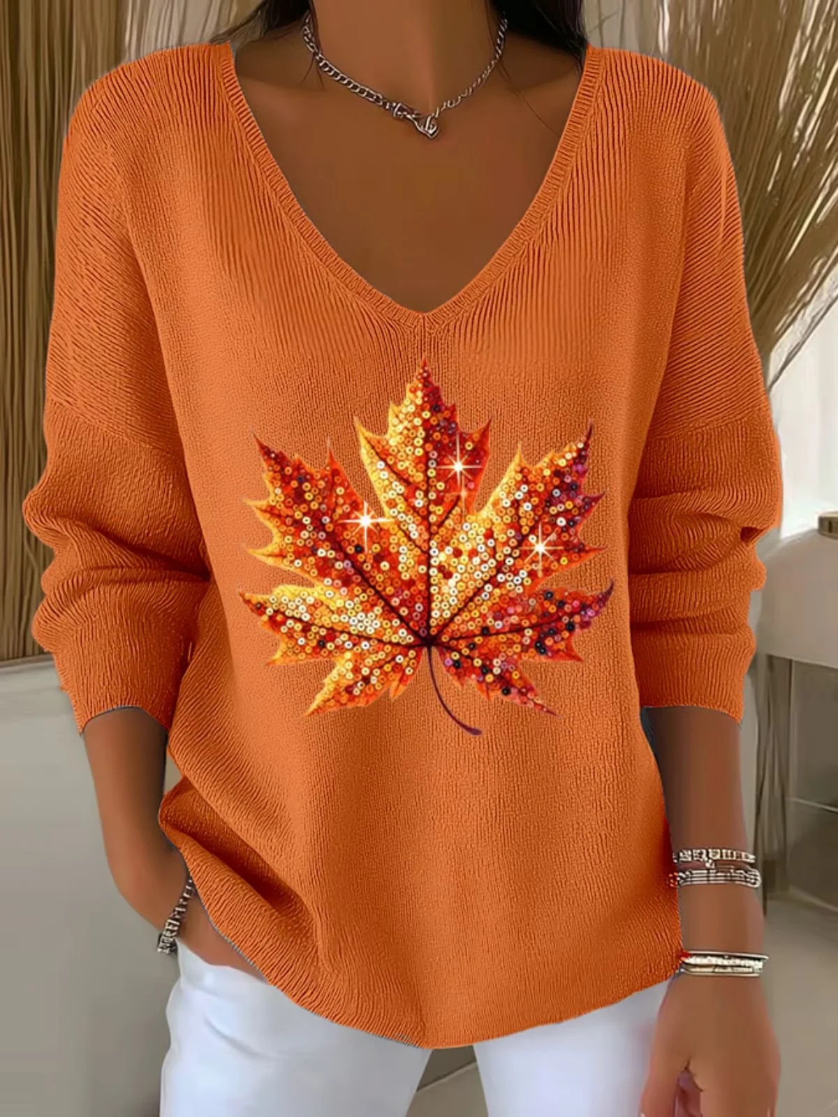Women Maple Leaf Spring/Fall Casual Long Sleeve V Neck Cotton Sweater
