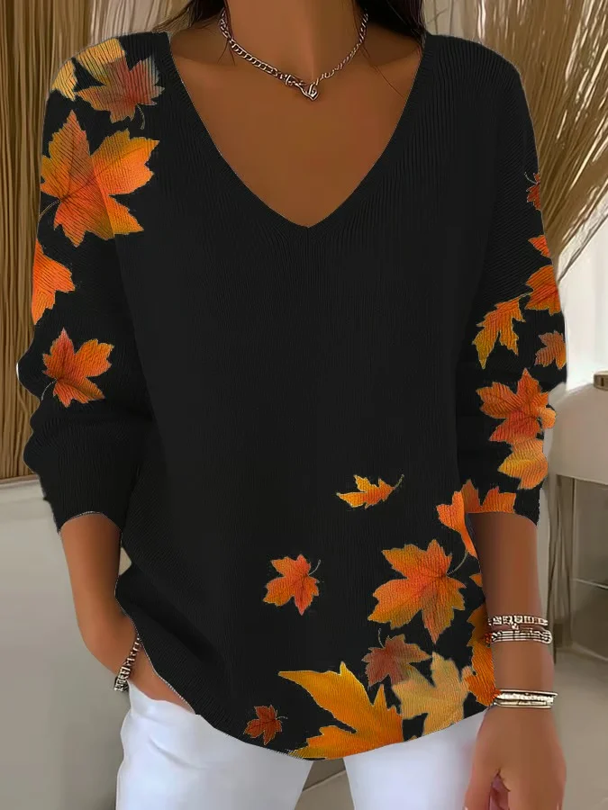 Women Maple Leaf Three Quarter Sleeve Tee T-shirt V Neck Vintage Spring/Fall Top