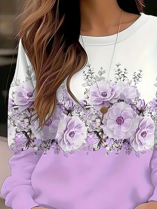 Women Floral Crew Neck Printing Casual Spring/Fall Long Sleeve Sweatshirt