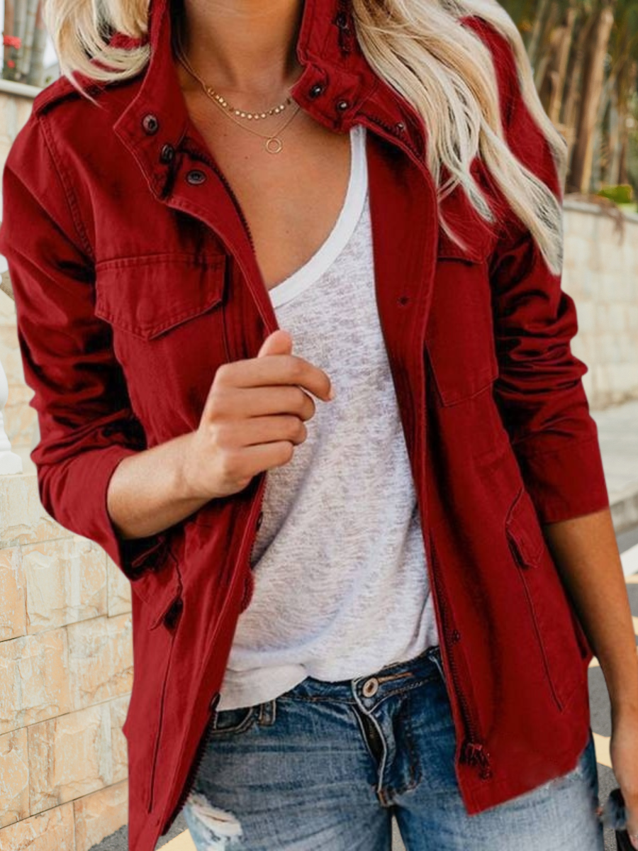 Women Spring/Fall Outerwear Vintage Split Joint Plain Long Sleeve Stand Collar Jacket