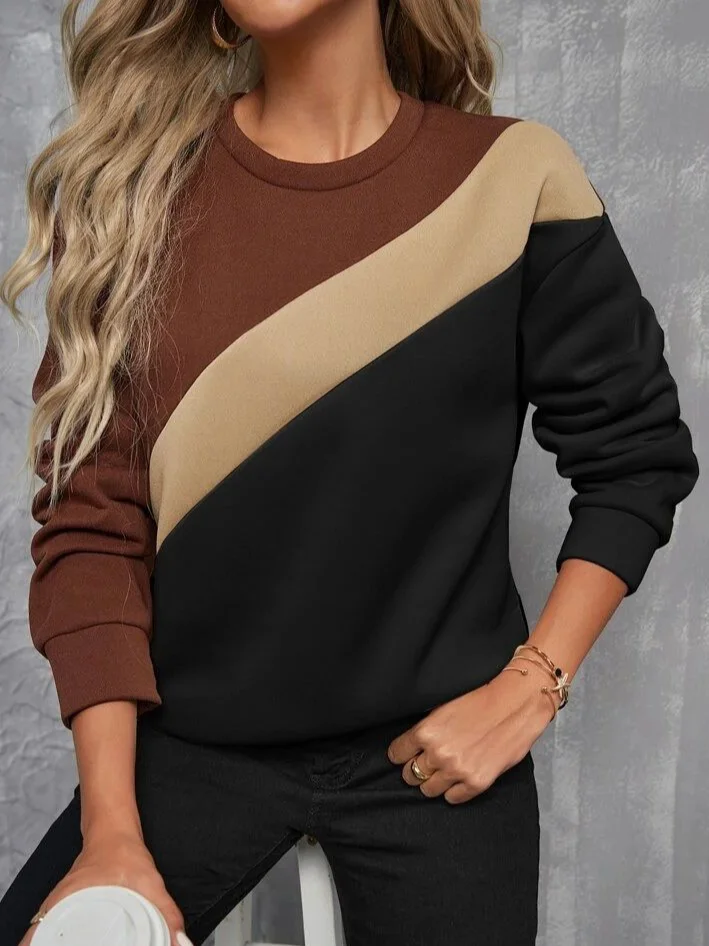Women Multicolor Block Crew Neck Printing Casual Spring/Fall Long Sleeve Sweatshirt