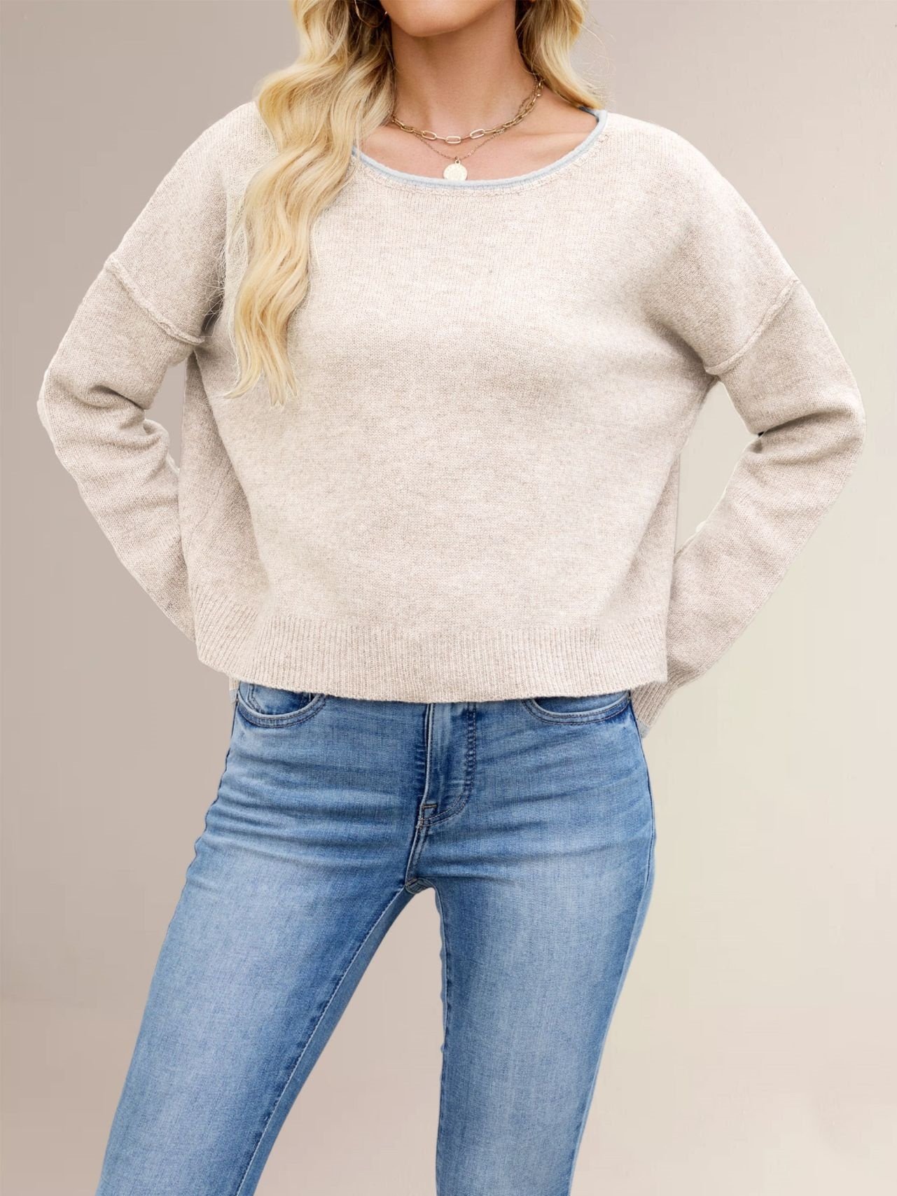 Women Plain Split Joint Winter Street Long Sleeve Crew Neck Sweater