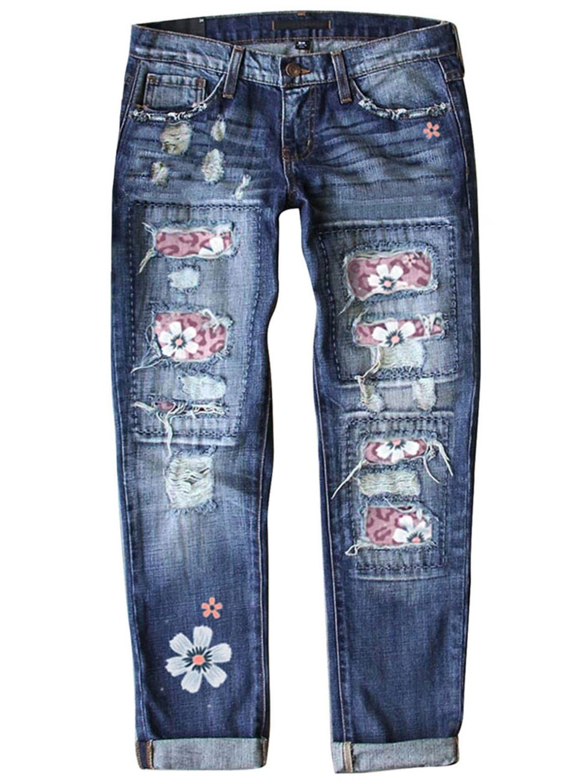 Street Leopard Fashion Slim-fit Printed Patchwork Ripped Jeans