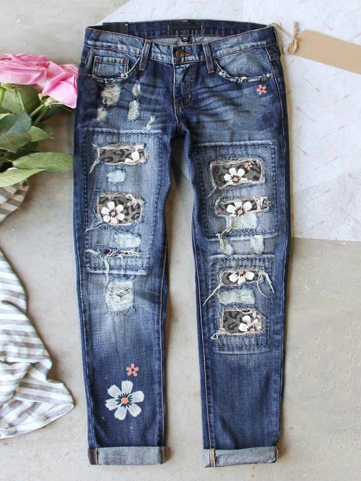 Street Leopard Fashion Slim-fit Printed Patchwork Ripped Jeans