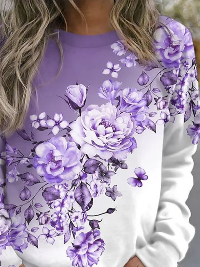 Women Floral Crew Neck Printing Casual Spring/Fall Long Sleeve Sweatshirt