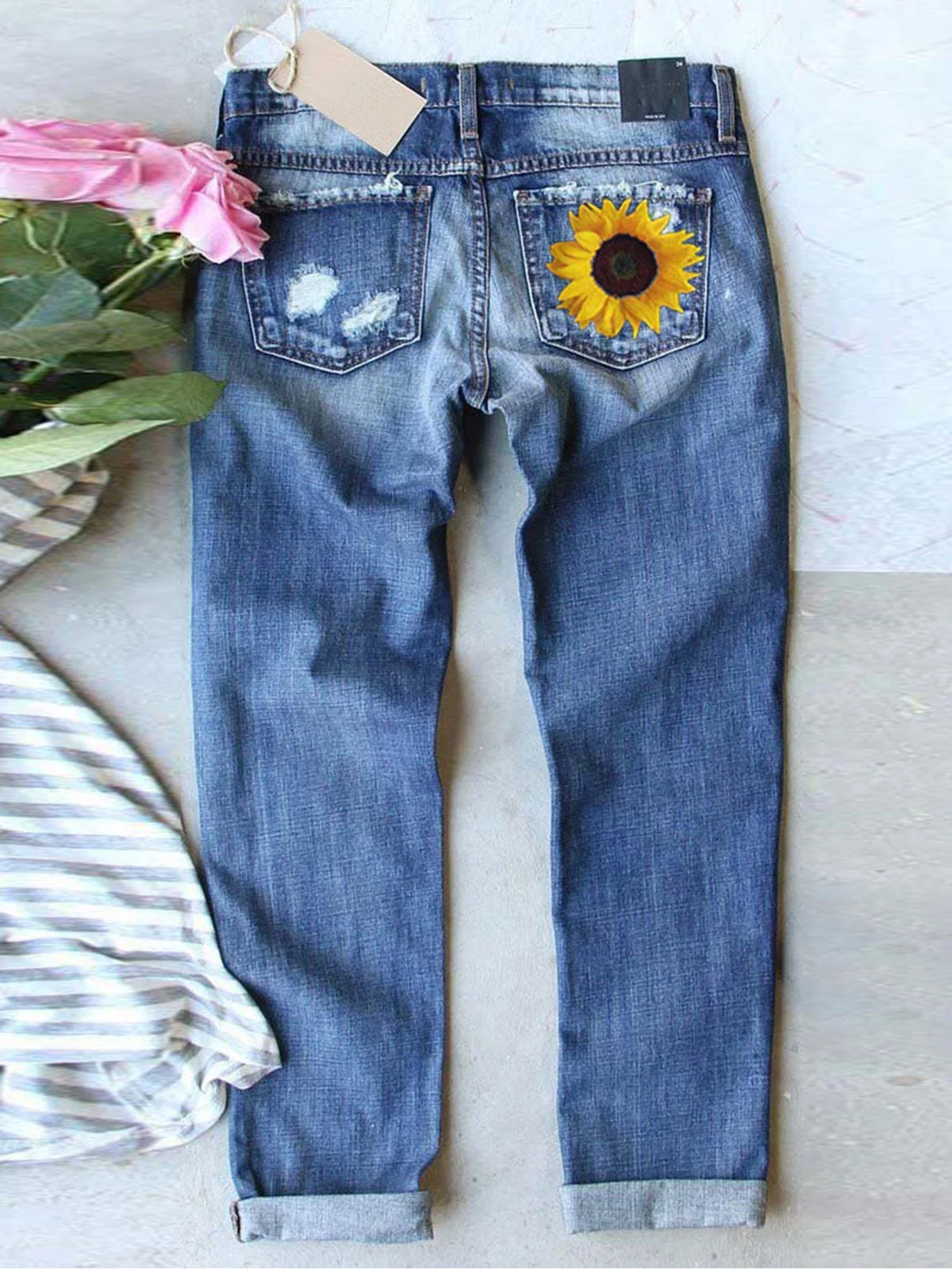 Street Leopard Fashion Slim-fit Printed Patchwork Ripped Jeans