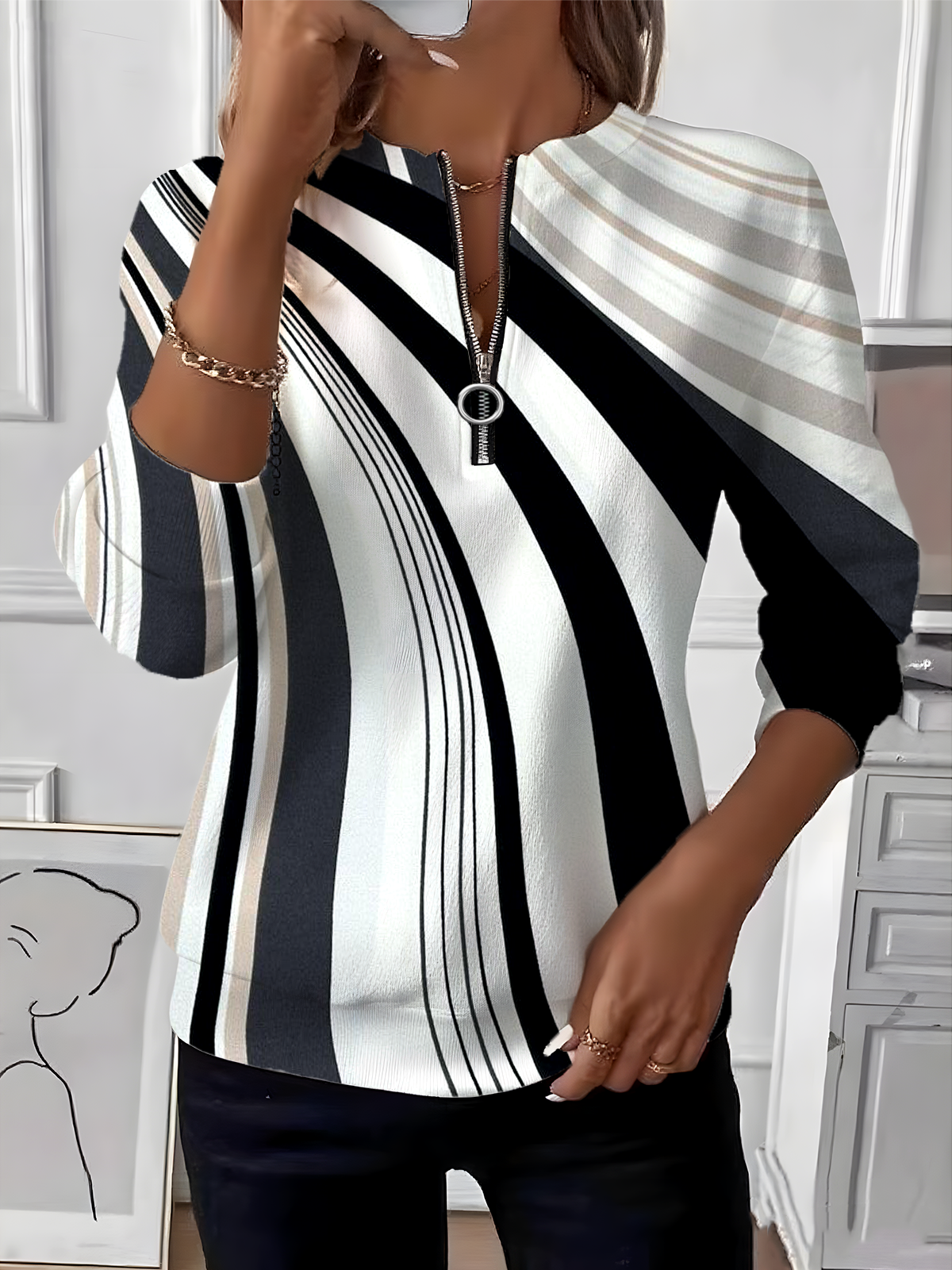 Women Striped Crew Neck Vintage Spring/Fall Long Sleeve Sweatshirt