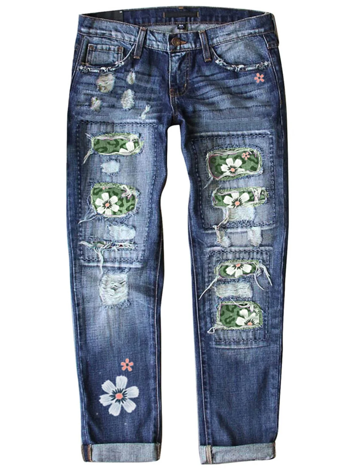 Street Leopard Fashion Slim-fit Printed Patchwork Ripped Jeans