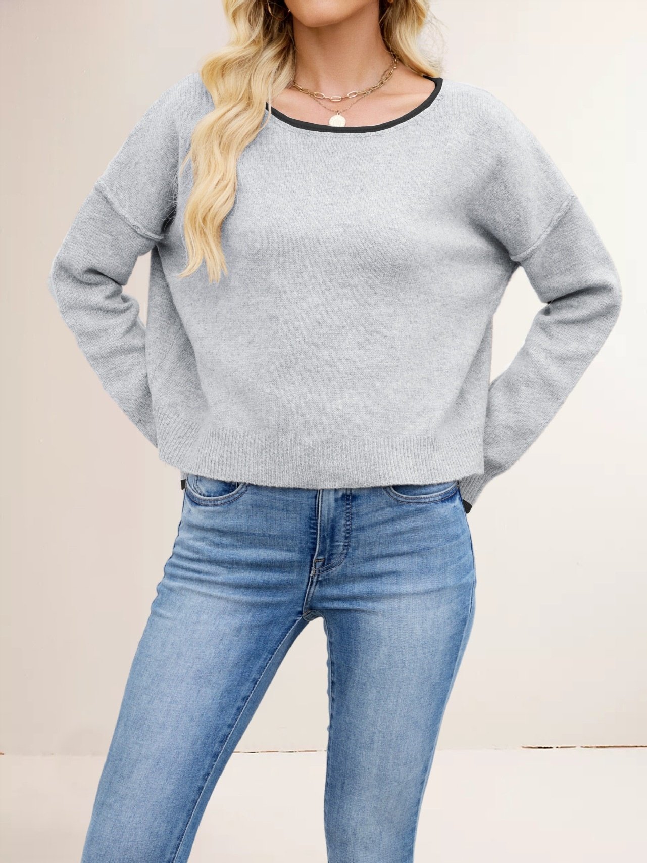 Women Plain Split Joint Winter Street Long Sleeve Crew Neck Sweater