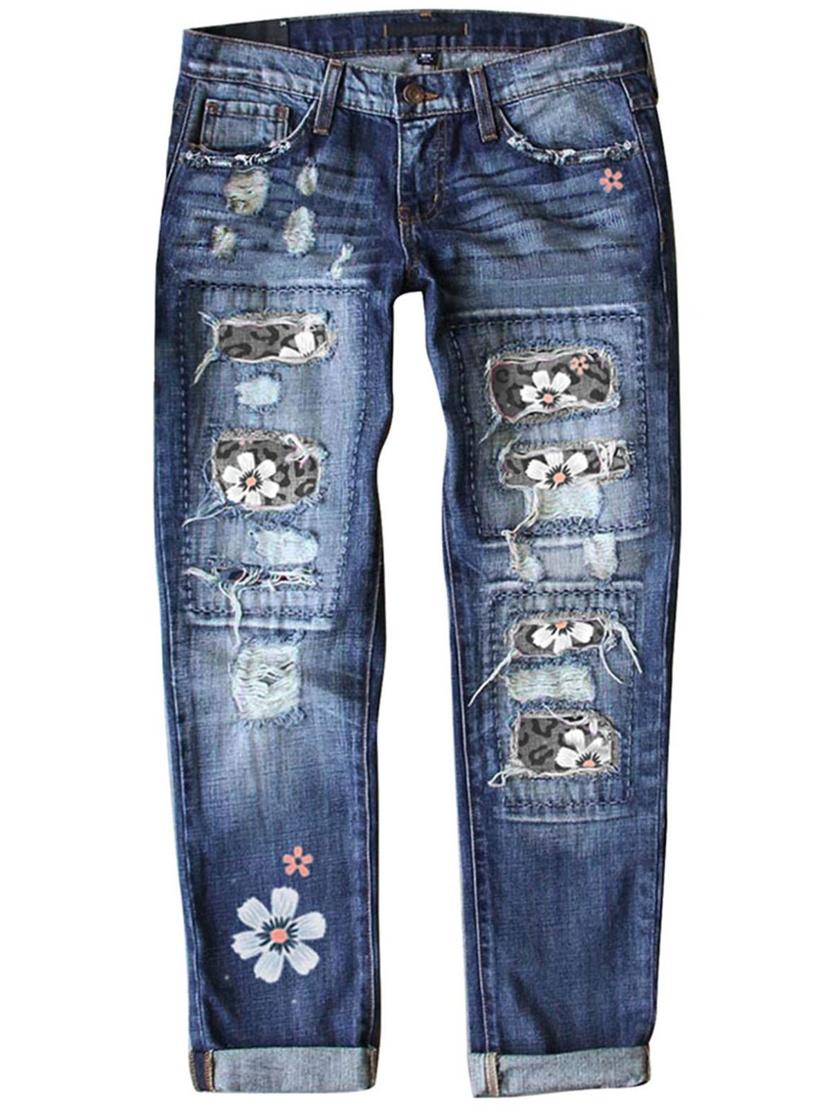 Street Leopard Fashion Slim-fit Printed Patchwork Ripped Jeans