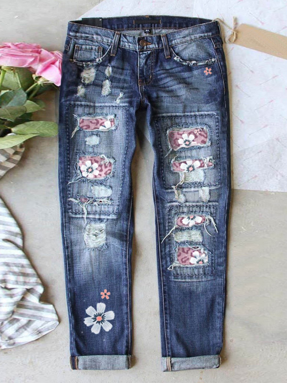 Street Leopard Fashion Slim-fit Printed Patchwork Ripped Jeans