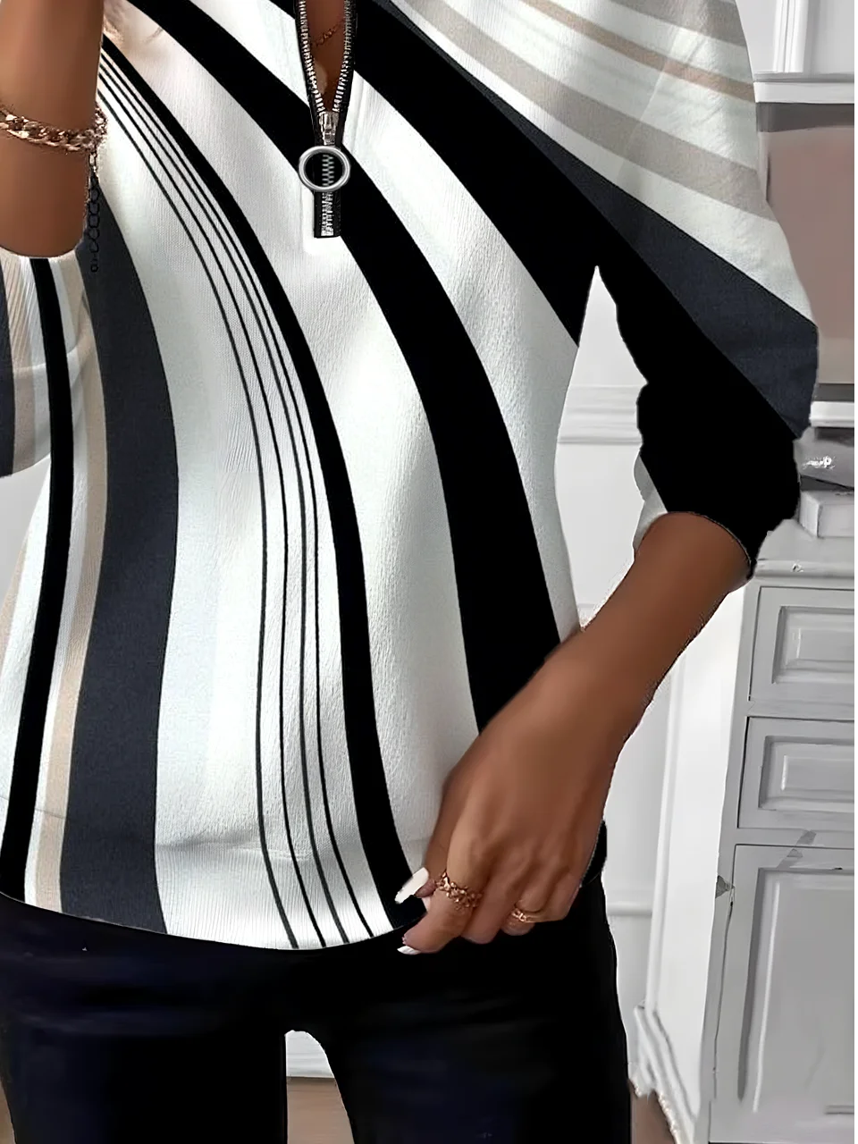 Women Striped Crew Neck Vintage Spring/Fall Long Sleeve Sweatshirt