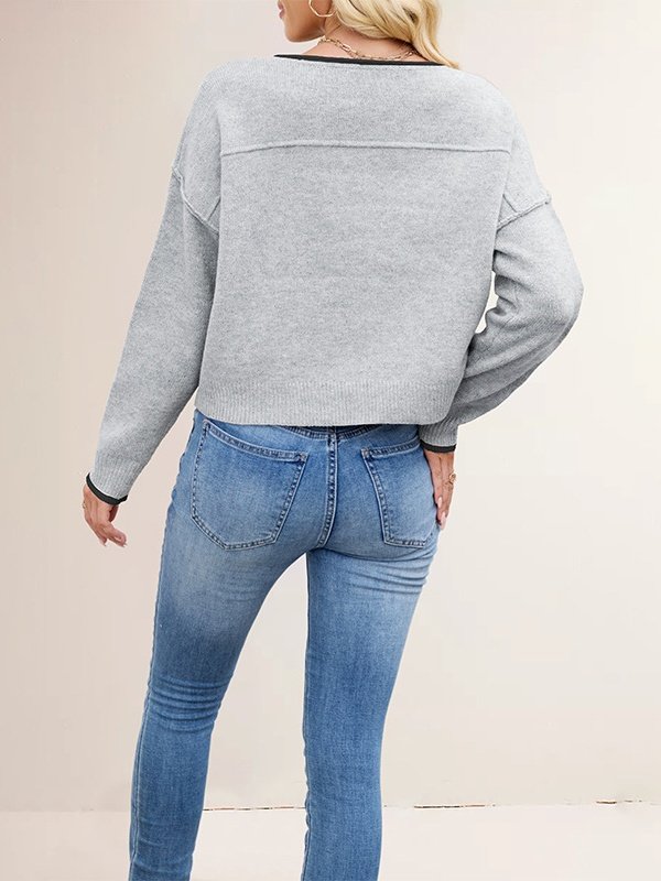 Women Plain Split Joint Winter Street Long Sleeve Crew Neck Sweater