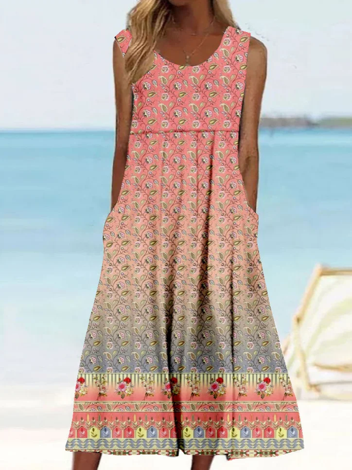 Women Ethnic Sleeveless Summer Dress Crew Neck Daily Vintage Maxi Tank A-Line Dress