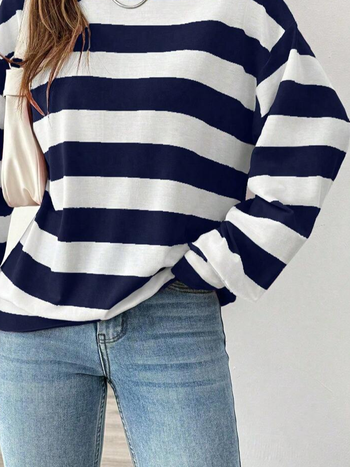 Women Striped Crew Neck Printing Casual Spring/Fall Long Sleeve Sweatshirt