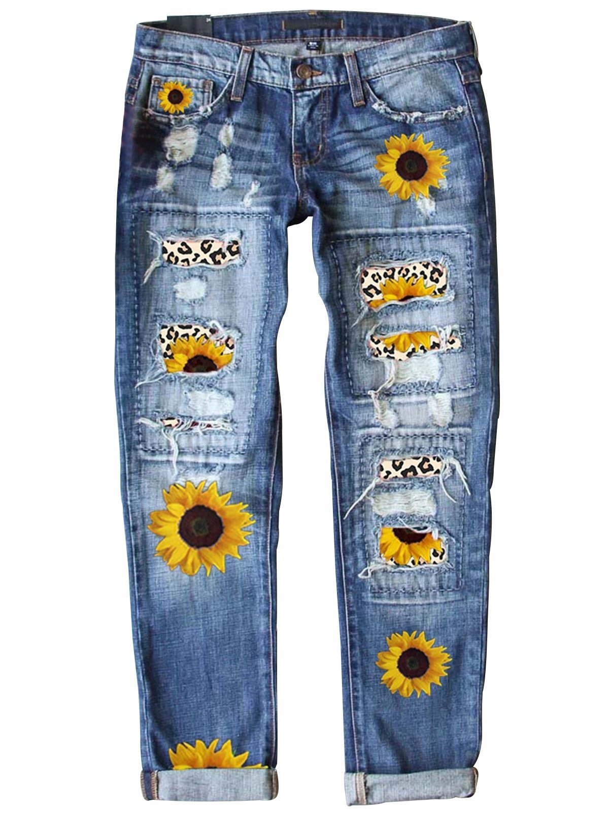 Street Leopard Fashion Slim-fit Printed Patchwork Ripped Jeans