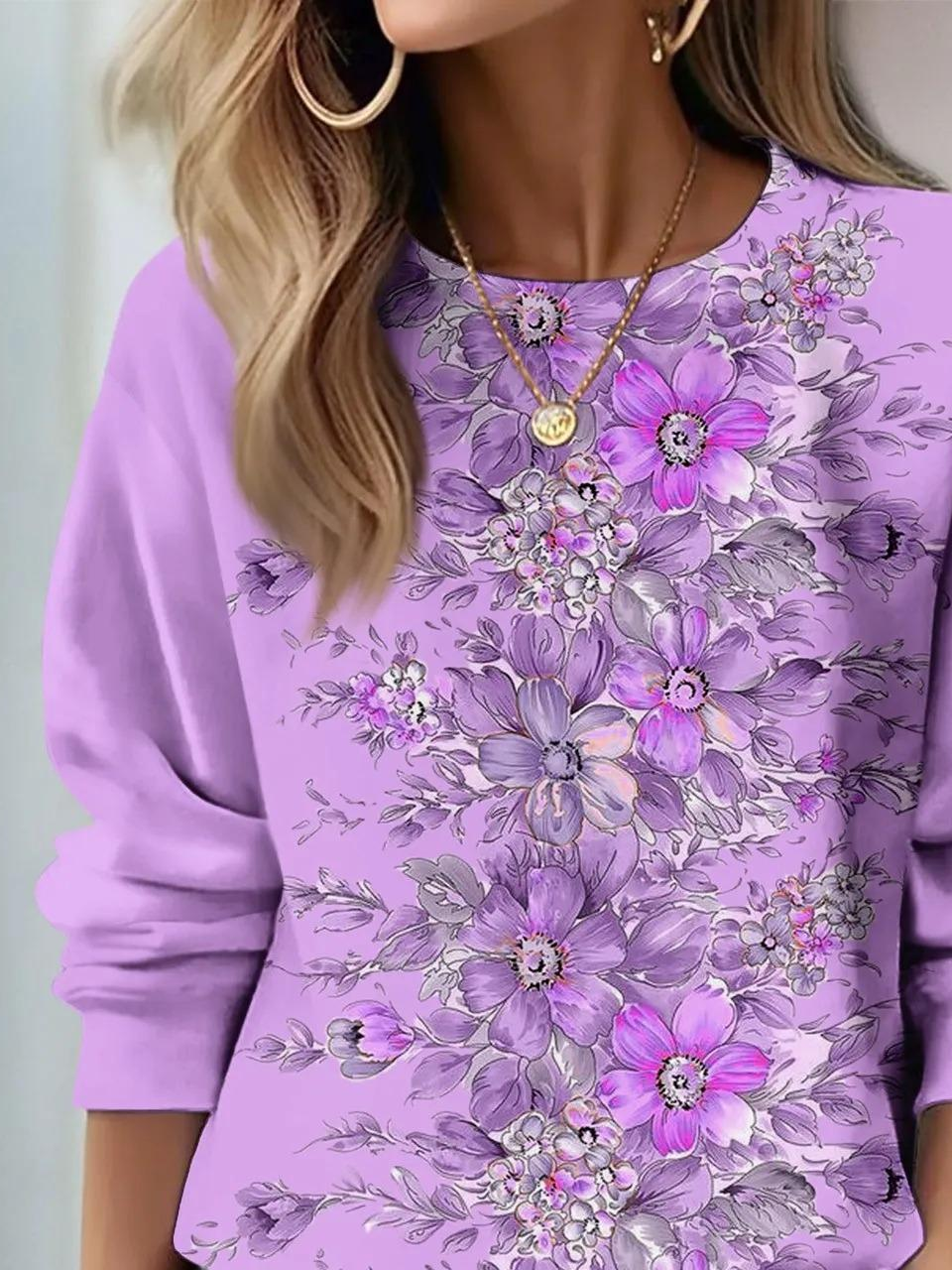 Women Floral Crew Neck Printing Casual Spring/Fall Long Sleeve Sweatshirt